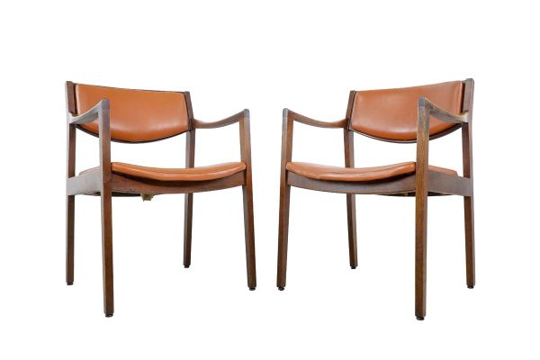 Seating - Pair of Mid Century Walnut Orange Vinyl Upholstery Arm Chairs