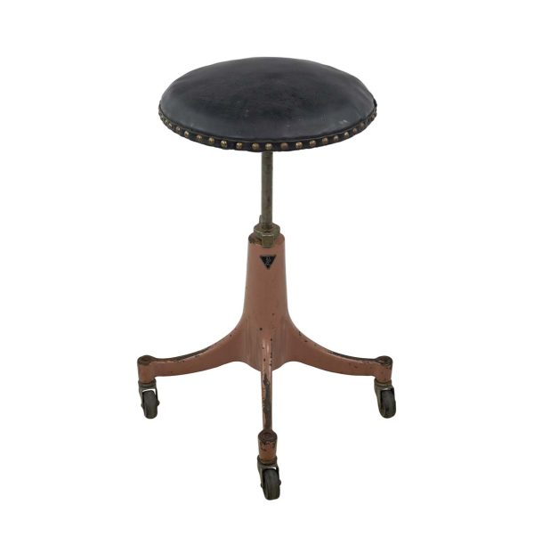 Seating - Vintage Pink Cast Iron Base Adjustable Black Leather Stool