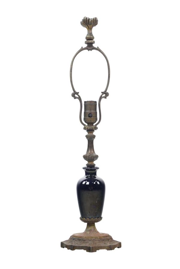 Table Lamps - Antique Victorian Brass Plated Steel & Black Glass Table Lamp