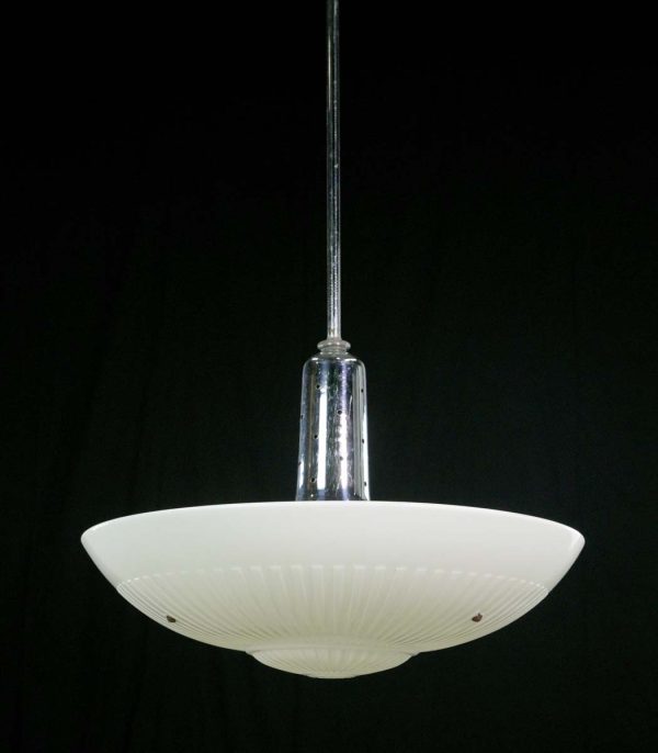 Up Lights - 1950s Mid Century White Milk Glass Saucer Steel Pole Pendant Light