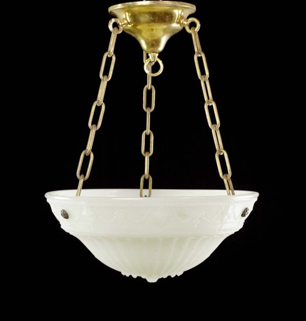 Up Lights - Victorian Ornate Milk Glass Dish Polished Brass Chain Pendant Light