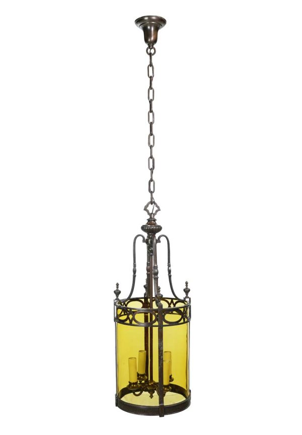 Wall & Ceiling Lanterns - Antique Regency Bronze & Amber Glass Ceiling Lantern