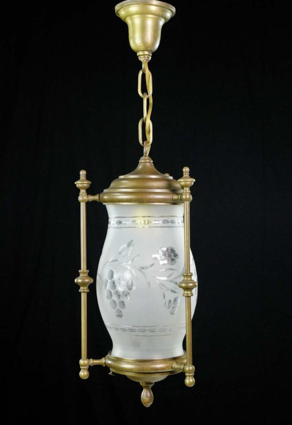 Wall & Ceiling Lanterns - Colonial Frosted Etched Grapes Glass Brass Hanging Lantern