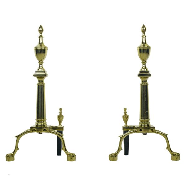 Andirons - Pair of Federal Steeple Polished Brass Claw Feet Andirons