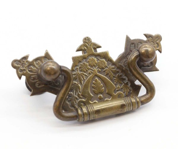 Cabinet & Furniture Pulls - Victorian Detailed 4 in. Pressed Brass Bail Drawer Pull