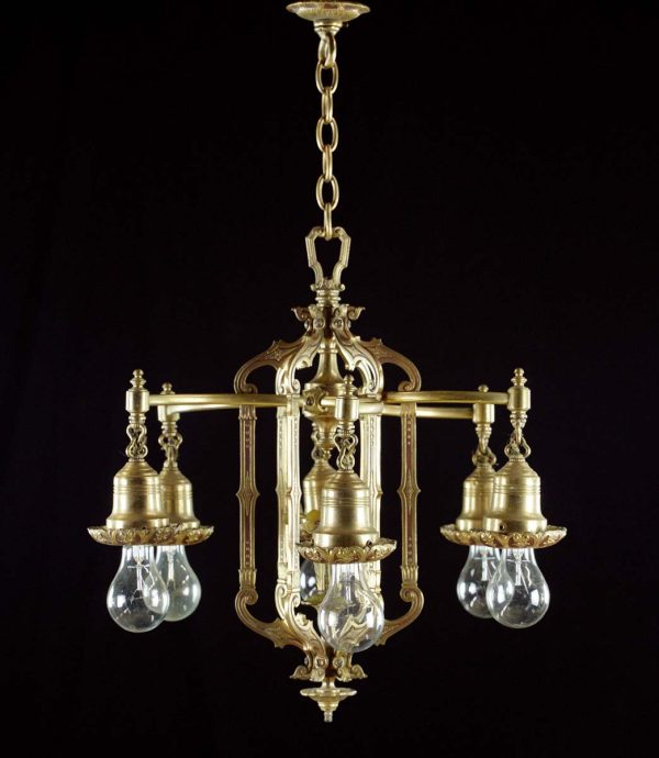 Chandeliers - Antique Victorian 6 Exposed Bulb Down Light Arm Bronze Chandelier