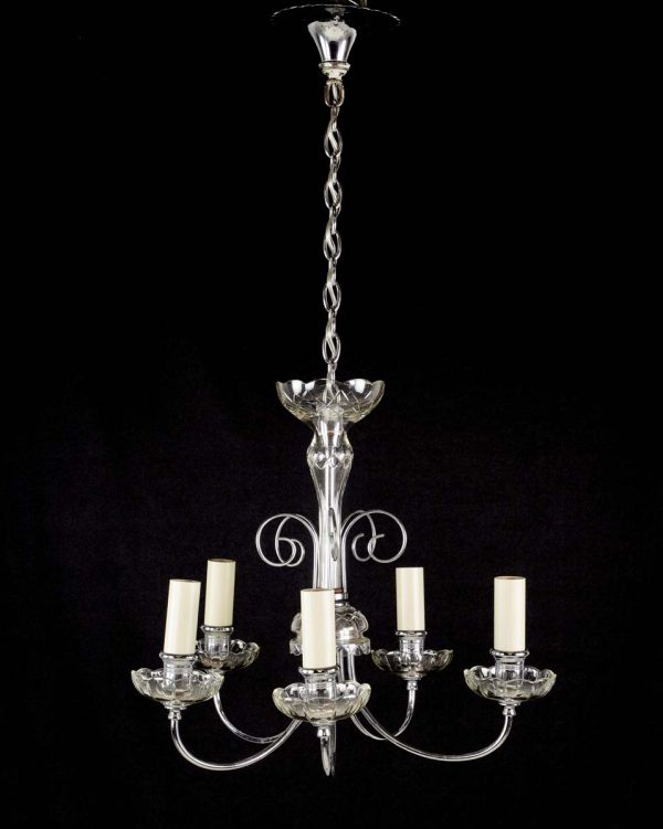 Chandeliers - Traditional 5 Arm Nickeled Steel Frame Clear Glass Chandelier