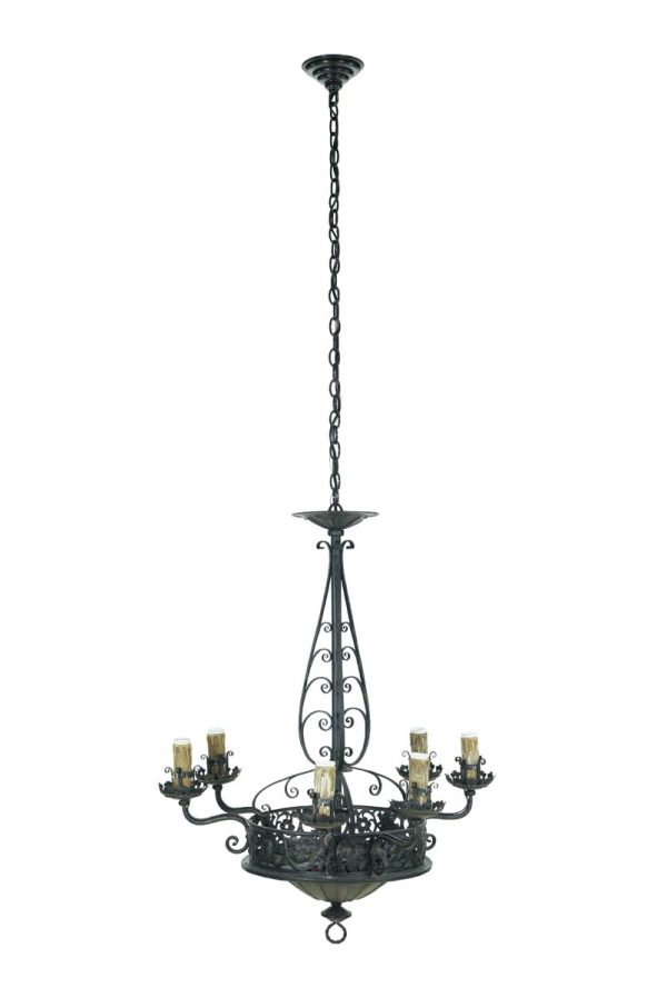 Chandeliers - Vintage 1940s French 6 Arm Black Wrought Iron Chandelier