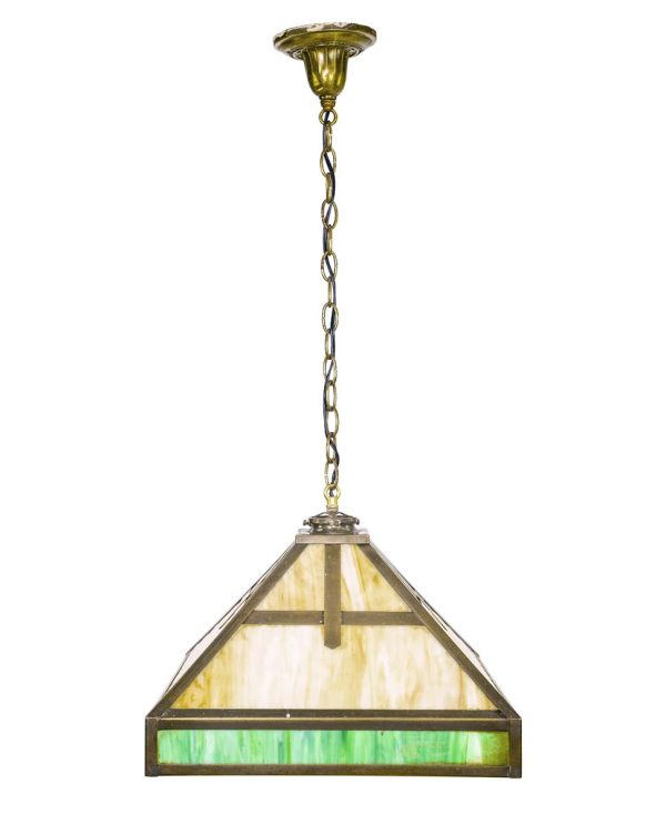 Down Lights - Arts & Crafts Tan & Green Stained Glass Brass Chain Pendant Light