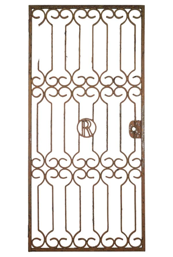 Entry Doors - Reclaimed RR Logo Curled Wrought Iron Entry Door 84.25 x 39.375