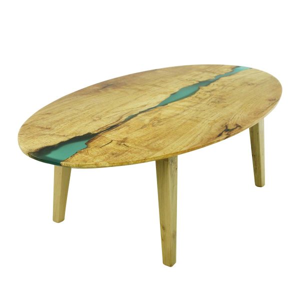 Farm Tables - Handcrafted 4.5 ft Natural Maple Blue Resin Waterfall Oval Coffee Table