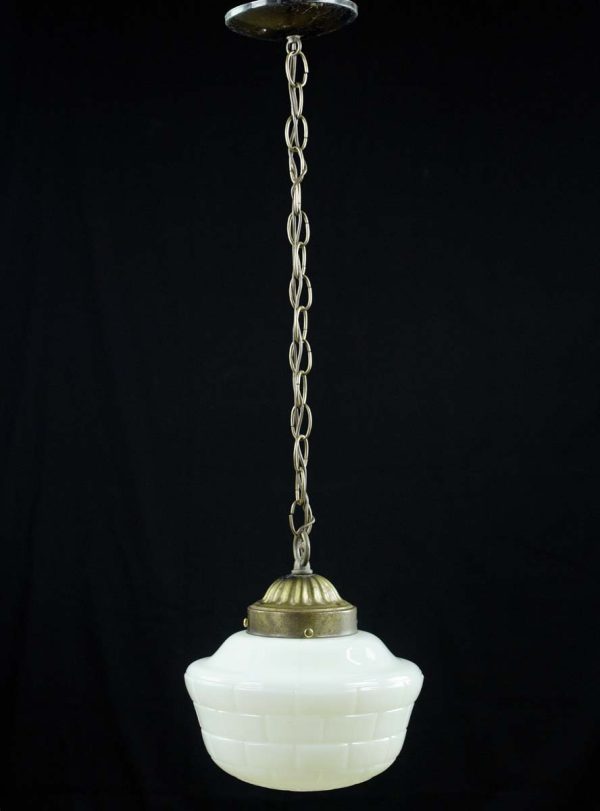 Globes - Antique Schoolhouse Brick Pattern Milk Glass Globe Brass Chain Pendant Light