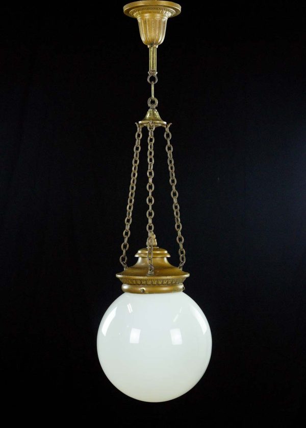 Globes - Antique Traditional White Ball Globe Triple Brass Chain Pendant Light