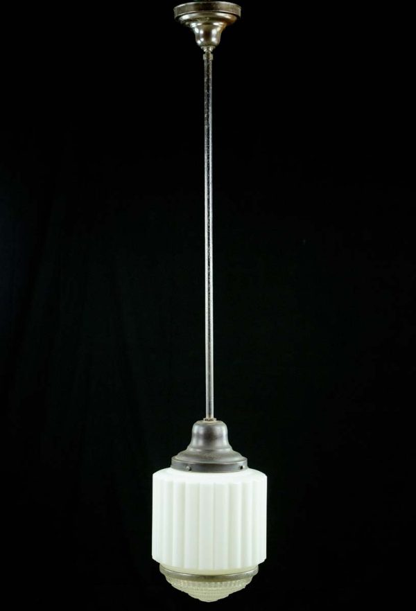 Globes - Art Deco Fluted Milk Glass Globe Brass Pole Pendant Light