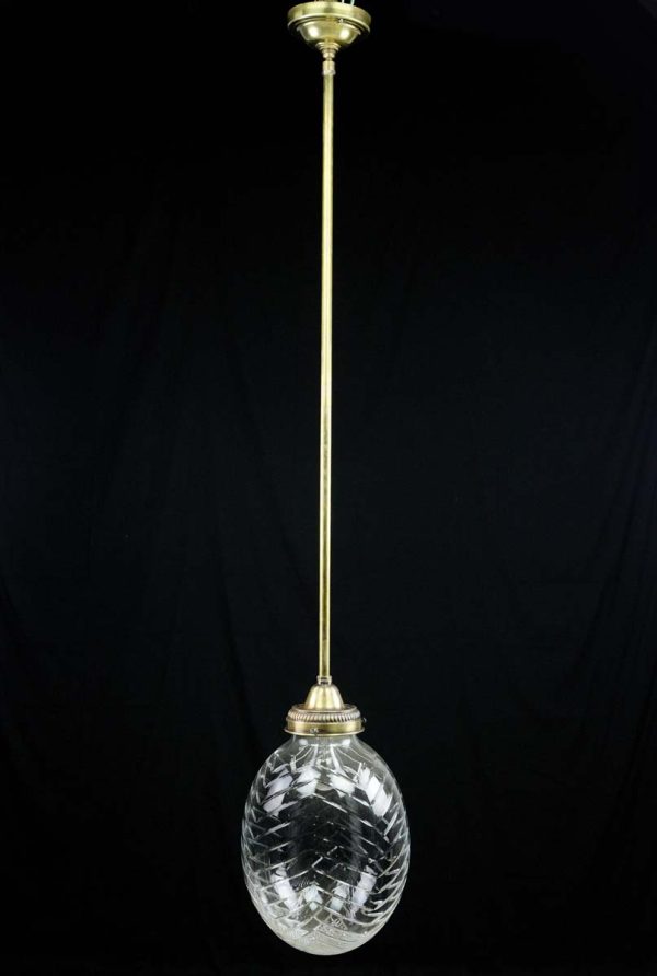 Globes - Italian Chevron Etched Crystal Egg Shaped Brass Pole Pendant Light