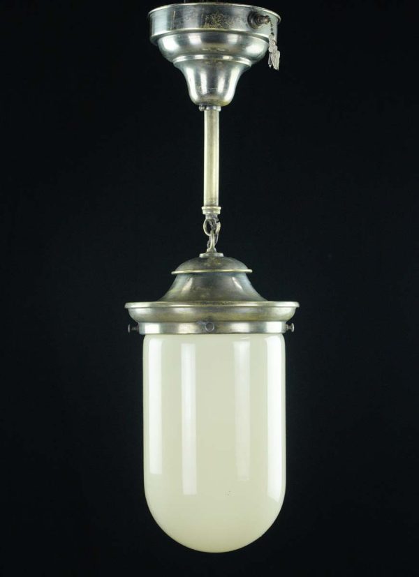 Globes - Vintage Modern White Oblong Glass Globe & Nickel Pole Pendant Light