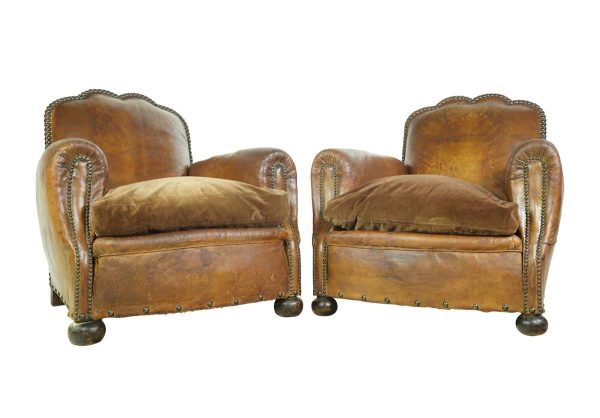 Living Room - Pair of European Studded Brown Moustache Back Leather Club Chairs