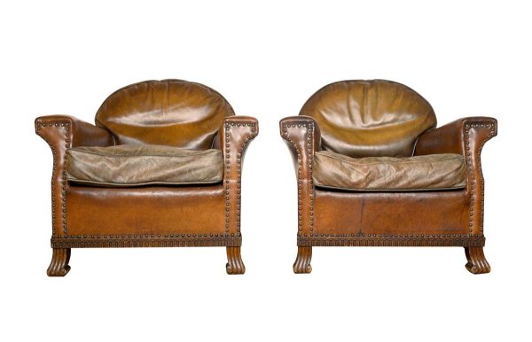 Living Room - Pair of Vintage Leather Studded Carved Wooden Feet Club Chairs