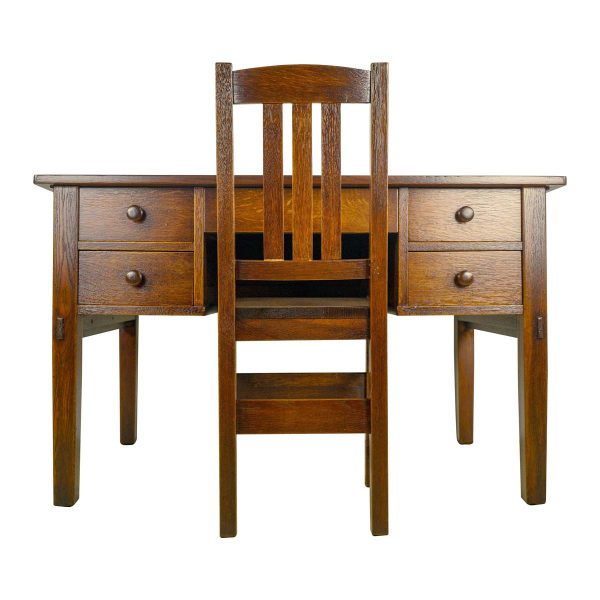 Office Furniture - Restored Arts & Crafts Quatersawn Oak 4 Drawer Desk & Chair Set