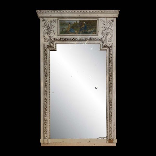 Overmantels & Mirrors - Antique 1890s French Trumeau White Wood Mantel Mirror