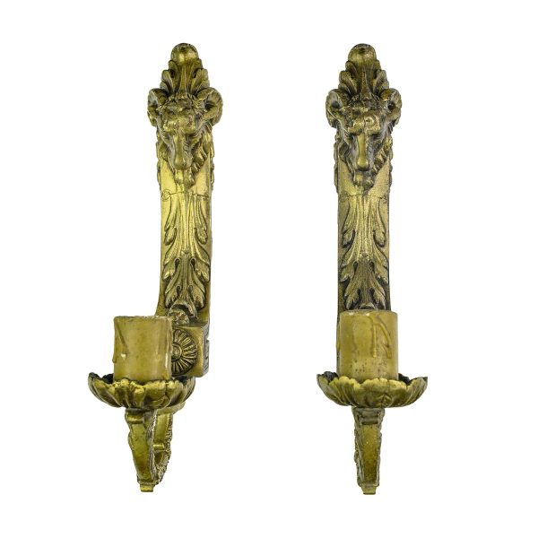 Sconces & Wall Lighting - Pair of Antique 1 Arm Brass Ornate Rams Head Wall Sconces