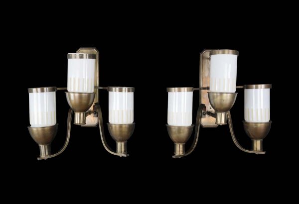 Sconces & Wall Lighting - Pair of Art Deco White Glass Shade 3 Arm Bronze Wall Sconces