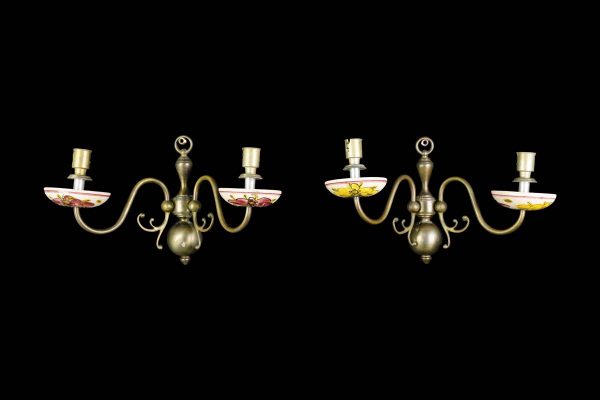 Sconces & Wall Lighting - Pair of Colonial Brass Floral Porcelain Bobeches Wall Sconces