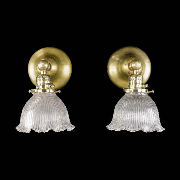 Sconces & Wall Lighting - Pair of Restored Brass Ruffled Holophane Glass Wall Sconces