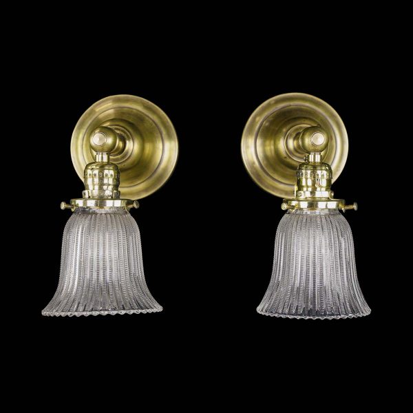 Sconces & Wall Lighting - Pair of Restored Brushed Brass Ruffled Holophane Glass Wall Sconces