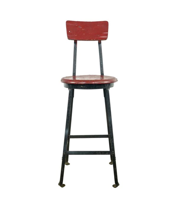 Seating - Vintage Black Steel & Red Wood Seat Counter Workshop Stool