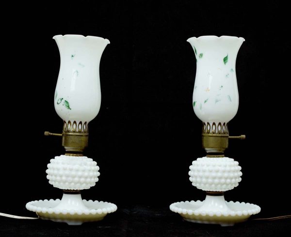 Table Lamps - Pair of Milk Glass White Hobnail Glass Table Oil Lamps