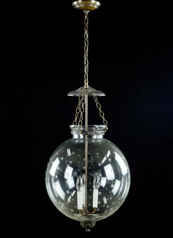 Up Lights - Restored Clear Glass Etched Stars Brass Bell Jar Pendant Light