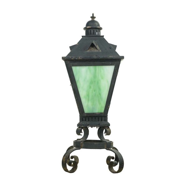 Wall & Ceiling Lanterns - Vintage Black Iron Standing Green Slag Glass Lantern