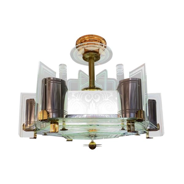 Chandeliers - Art Deco 6 Sided Etched Glass Brass & Copper Chandelier