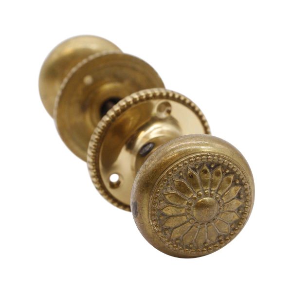 Door Knob Sets - Set of Vintage Brass Floral Door Knobs with Beaded Rosettes