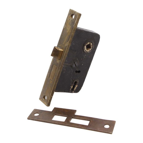 Door Locks - Antique Brass & Steel Mortise Lock with Strike Plate