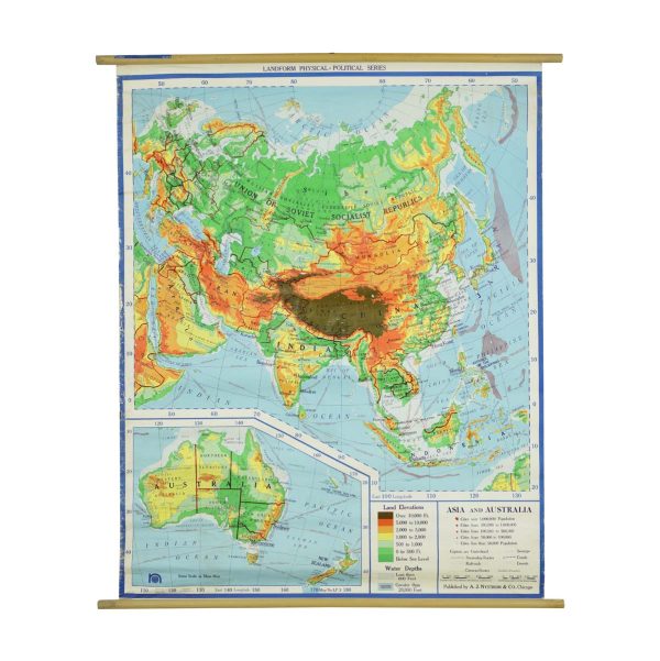 Globes & Maps - 1966 Asia & Australia Landform Physical Political Series Roll Up Map