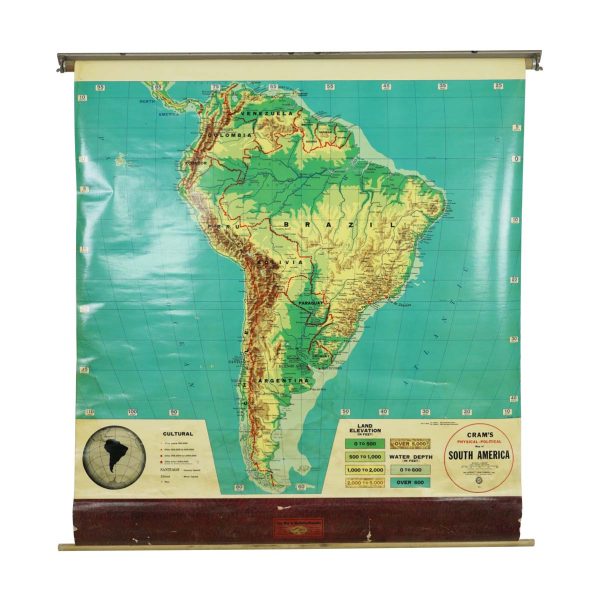 Globes & Maps - Vintage Cram's Physical Political Roll Up School Map of South America