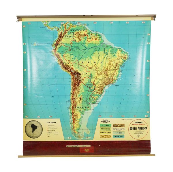 Globes & Maps - Vintage Cram's Physical Political South America Roll Up School Map