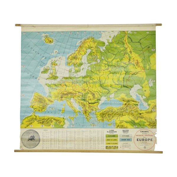 Globes & Maps - Vintage Cram's Simplified Physical Political Map of Europe