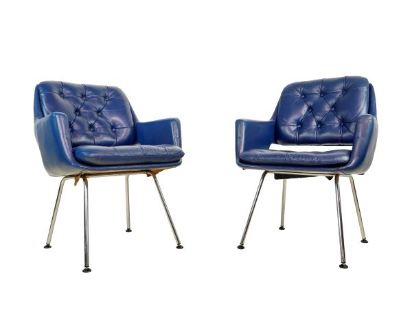 Living Room - Pair of 1960s Swiss Mid Century Blue Leather Chairs with Velcro Cushions