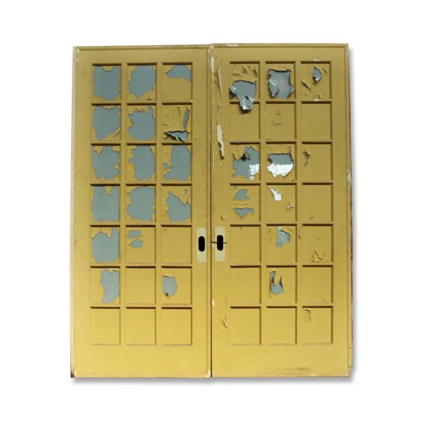 Pocket Doors - Antique 21 Lite Wood French Pocket Double Doors 86.5 x 73.25
