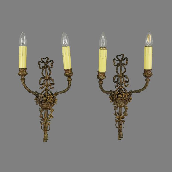 Sconces & Wall Lighting - Pair of French Ribbon & Floral Basket 2 Arm Brass Wall Sconces