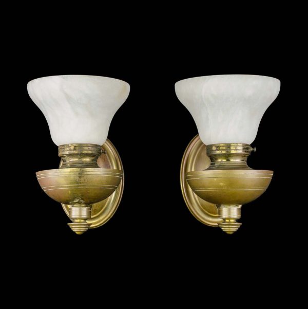 Sconces & Wall Lighting - Pair of Restored Traditional Brass 1 Arm Alabaster Shade Wall Sconces