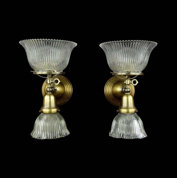 Sconces & Wall Lighting - Pair of Victorian Gas & Electric Brass & Glass Double Arm Wall Sconces