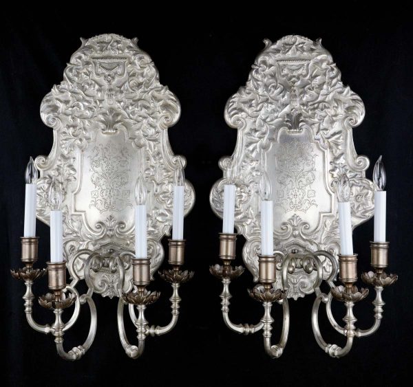 Sconces & Wall Lighting - Restored 1890s Pair of Oversized Silvered Bronze Sconces by EF Caldwell