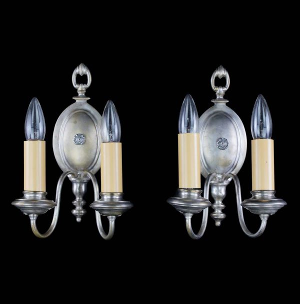 Sconces & Wall Lighting - Restored Pair of Colonial Nickeled Brass 2 Arm Wall Sconces