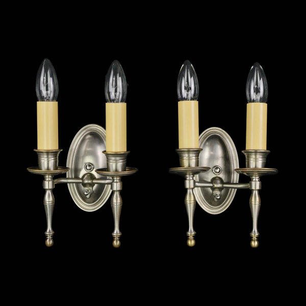 Sconces & Wall Lighting - Restored Traditional Pair of 2 Arm Nickeled Brass Wall Sconces