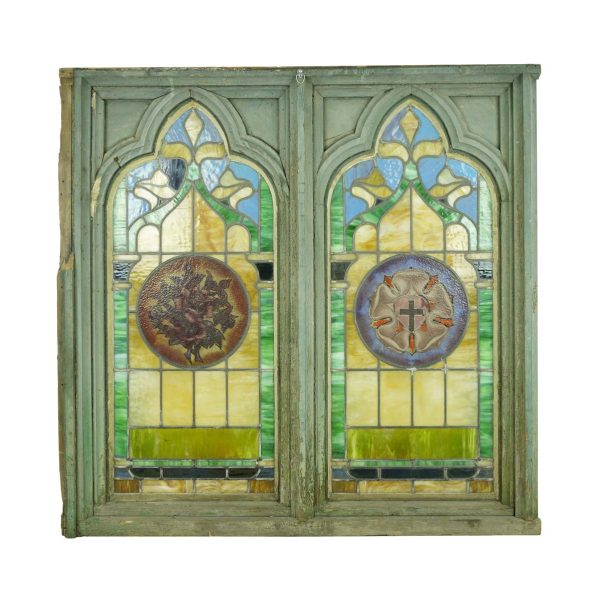 Stained Glass - Antique Gothic Religious Oak Framed Lead Double Stained Glass Window