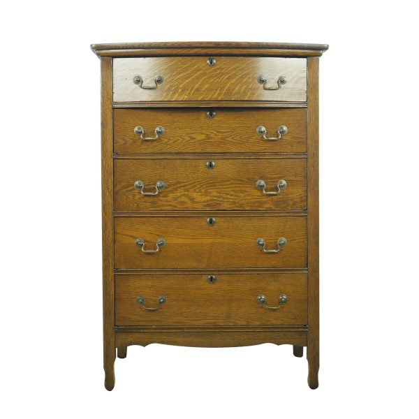 Bedroom - Vintage Traditional Oak 5 Drawer Dresser with Brass Hardware